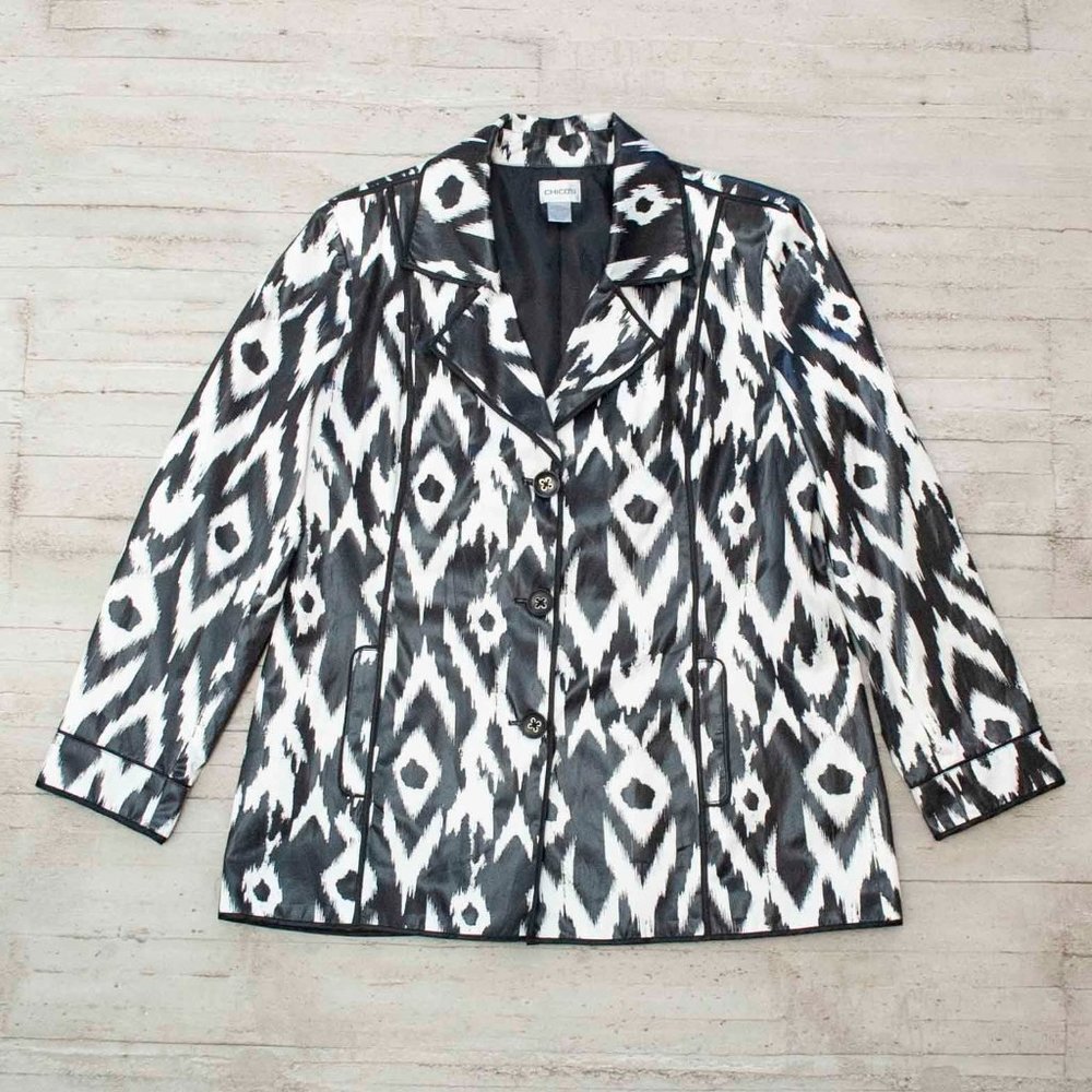 Chico's Lightweight Faux Leather Blazer in Black and White Ikat Print si…
